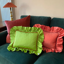 Load image into Gallery viewer, PATRICIA RECTANGLE SILK CUSHION, LIME & RED-ORANGE