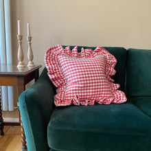 Load image into Gallery viewer, GRETA GINGHAM LARGE SQUARE CUSHION, GRAPEFRUIT & GREEN