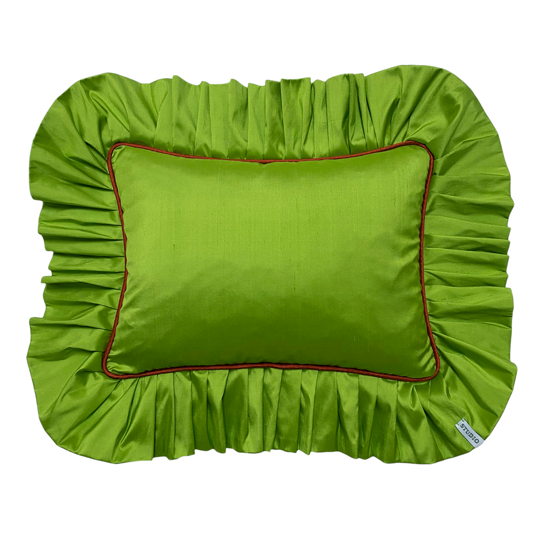 PATRICIA RECTANGLE SILK CUSHION, LIME & RED-ORANGE