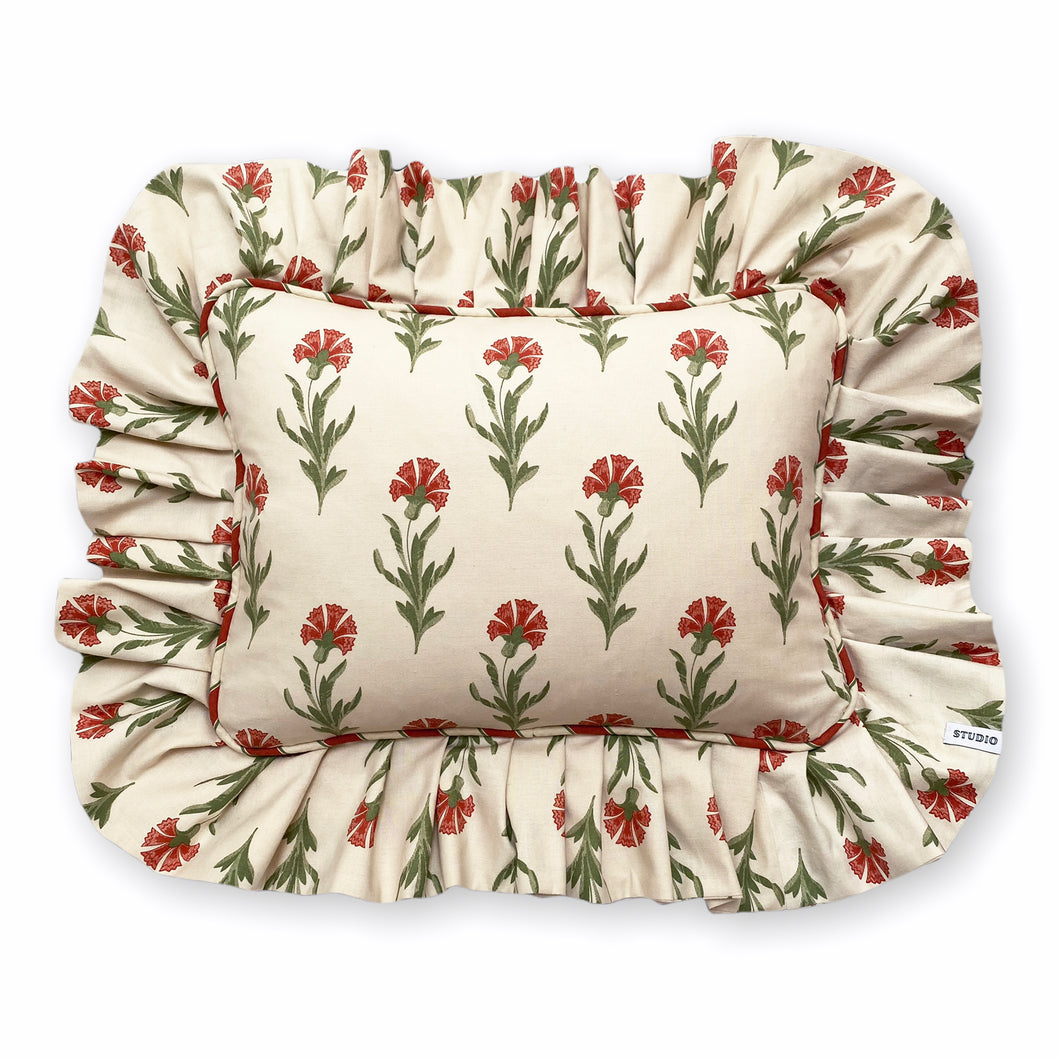 DOLORES FRILL RECTANGLE CUSHION, BEIGE FLORAL & STRIPE