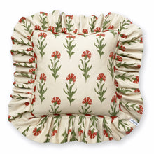Load image into Gallery viewer, DOLORES FRILL SQUARE CUSHION, BEIGE FLORAL &amp; STRIPE
