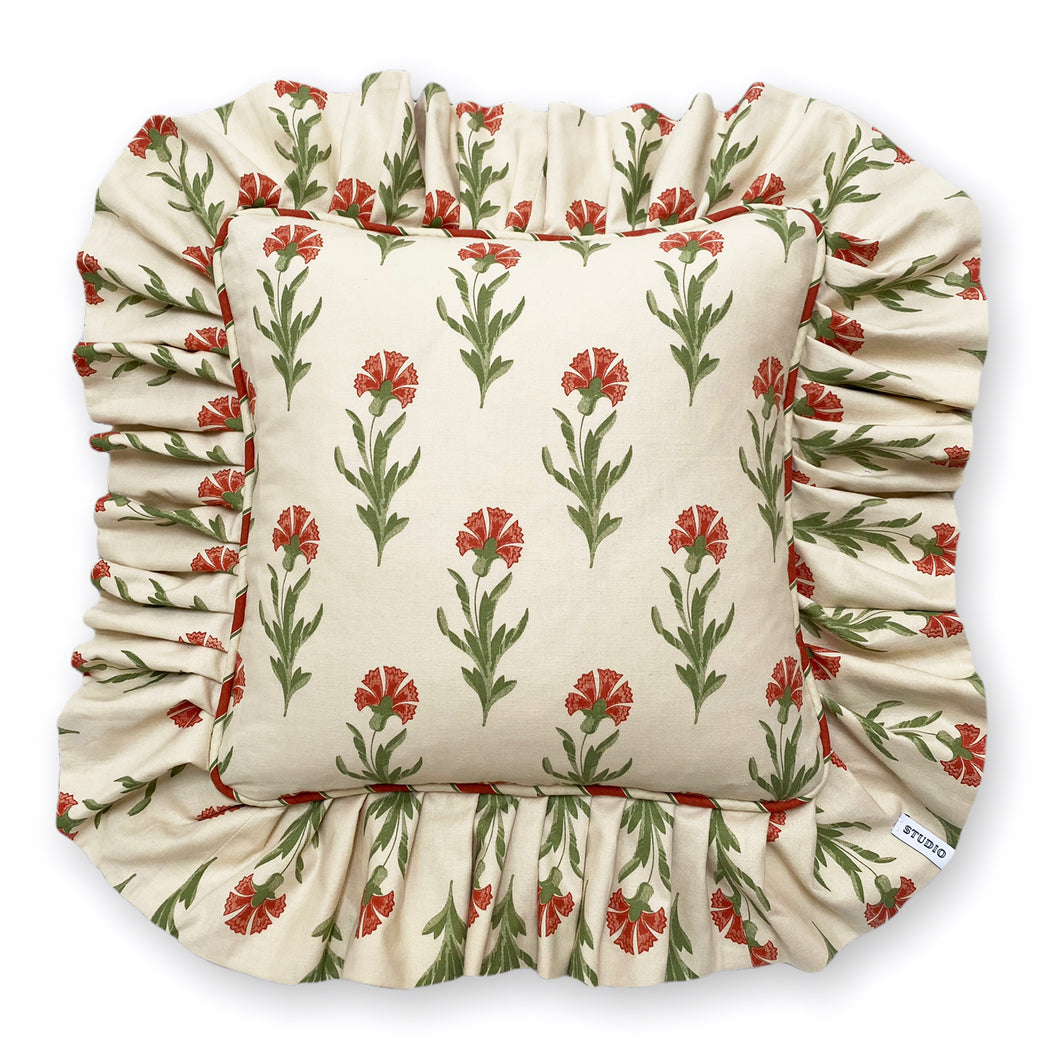 DOLORES FRILL SQUARE CUSHION, BEIGE FLORAL & STRIPE