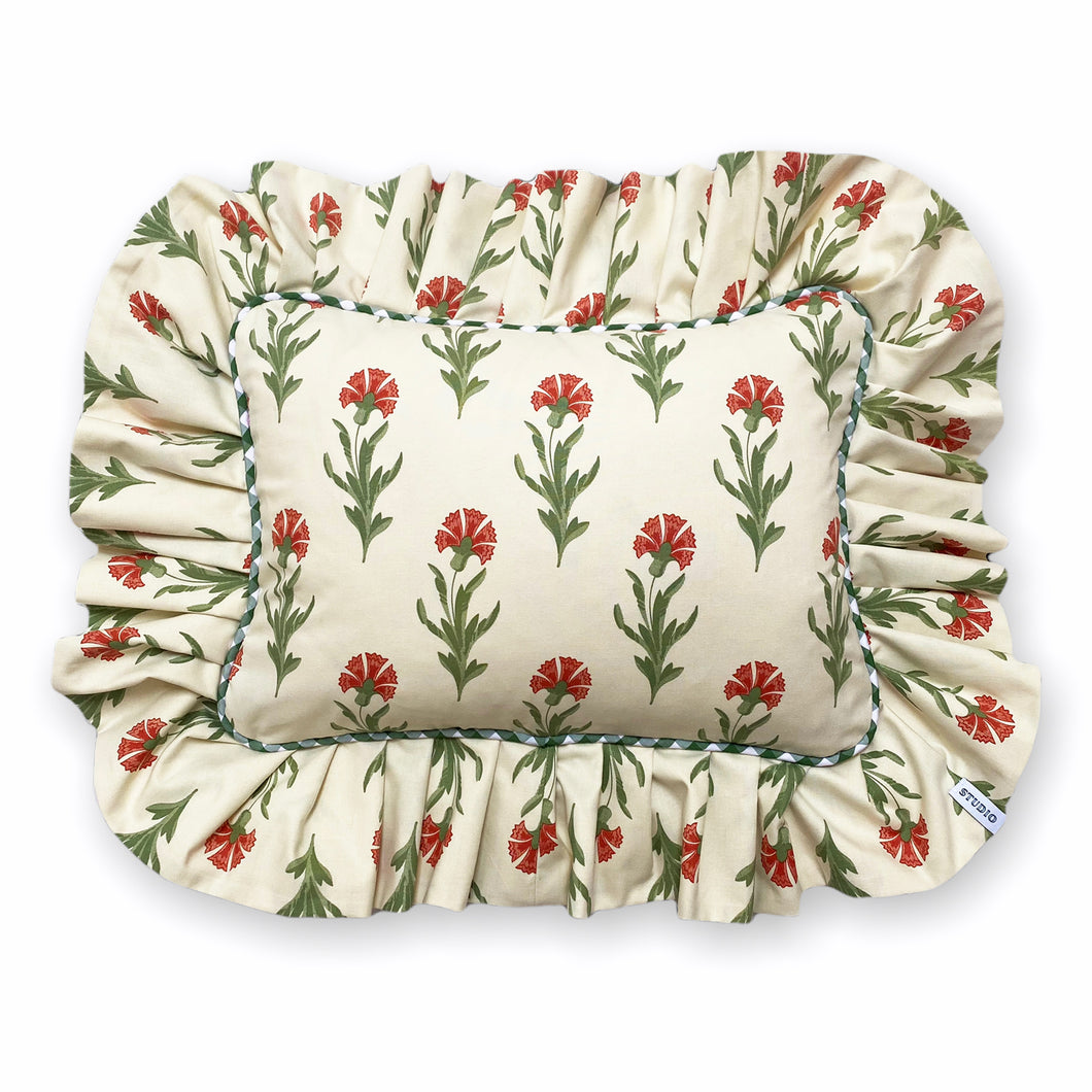 DAPHNE FRILL RECTANGLE CUSHION, CREAM FLORAL & GINGHAM