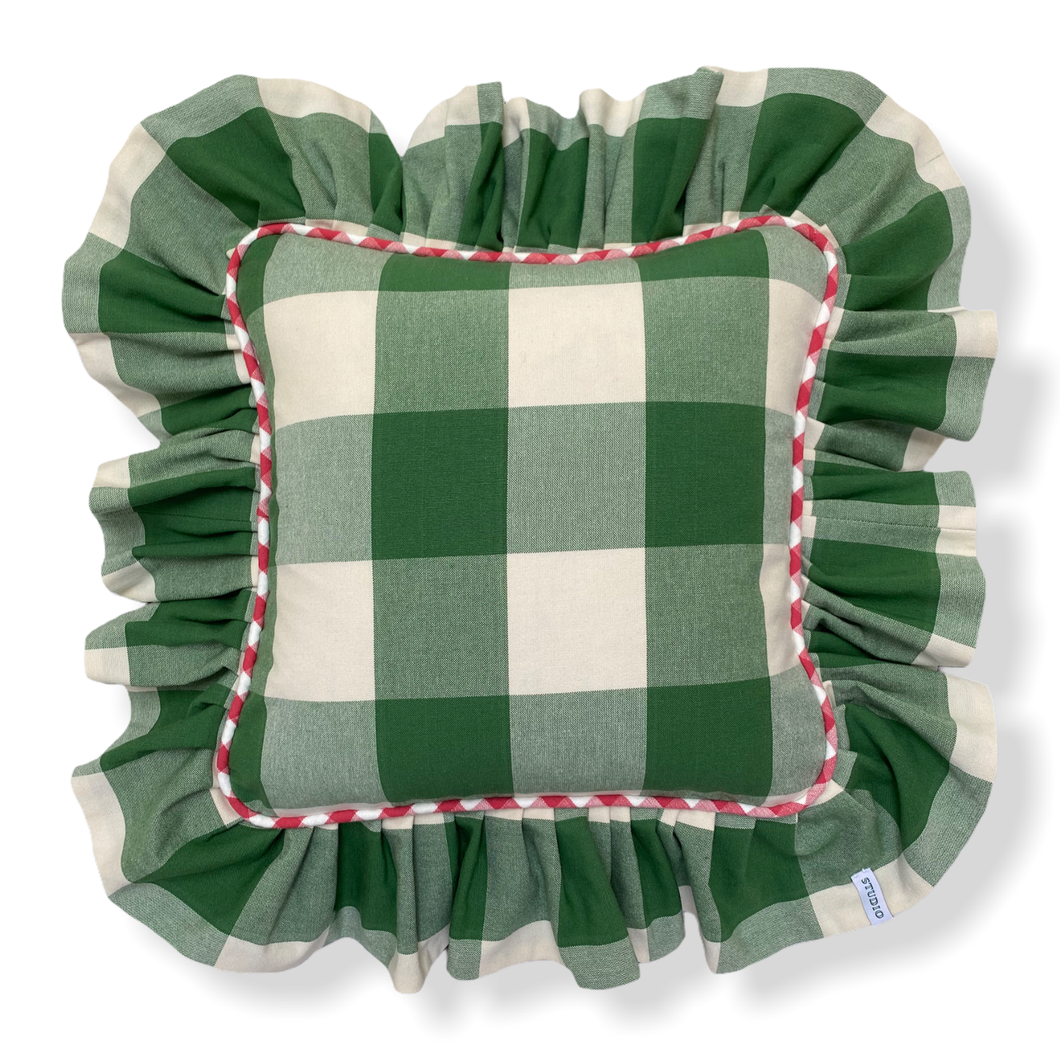 WENDY CHECK SQUARE CUSHION, GREEN & GRAPEFRUIT
