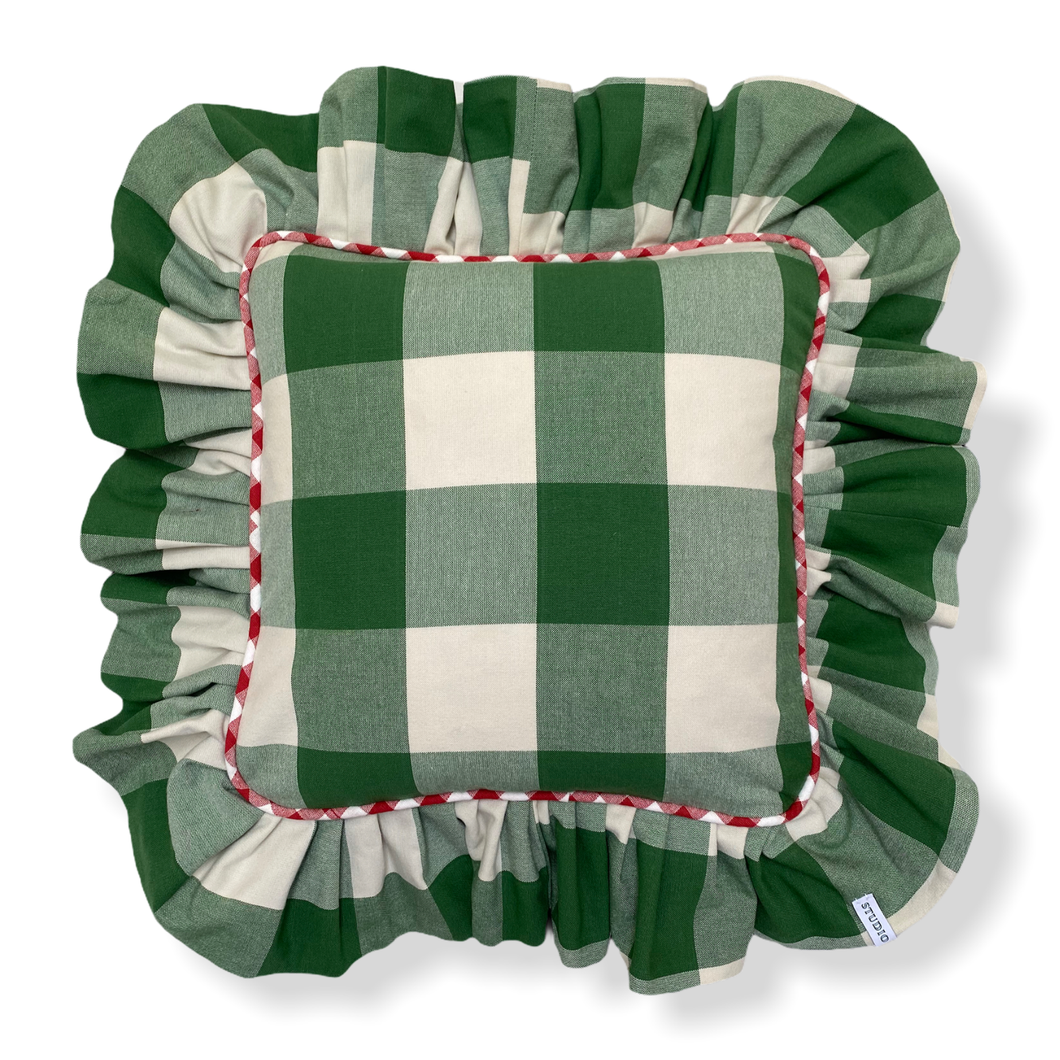 WENDY CHECK SQUARE CUSHION, GREEN & RED