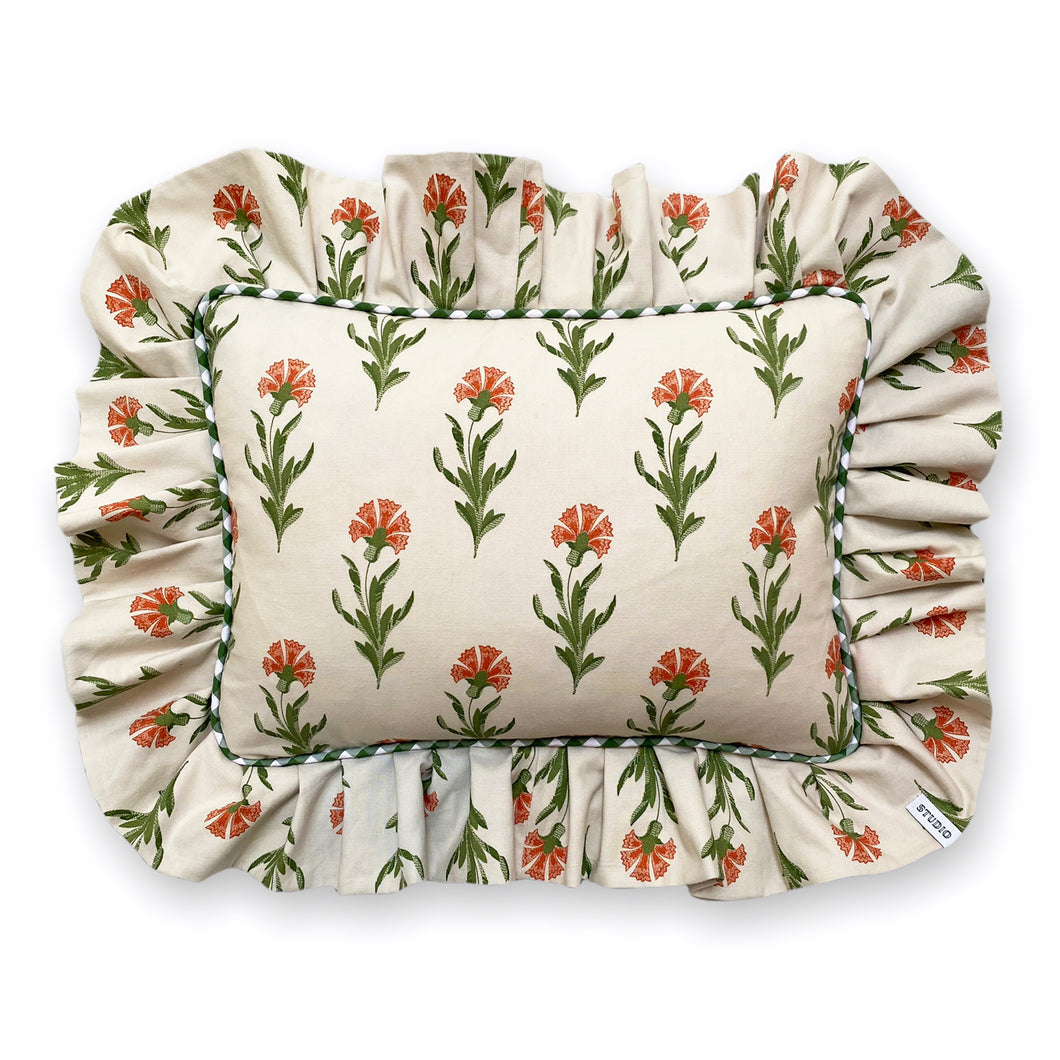 DIANE FRILL RECTANGLE CUSHION, OFF-WHITE FLORAL & GINGHAM