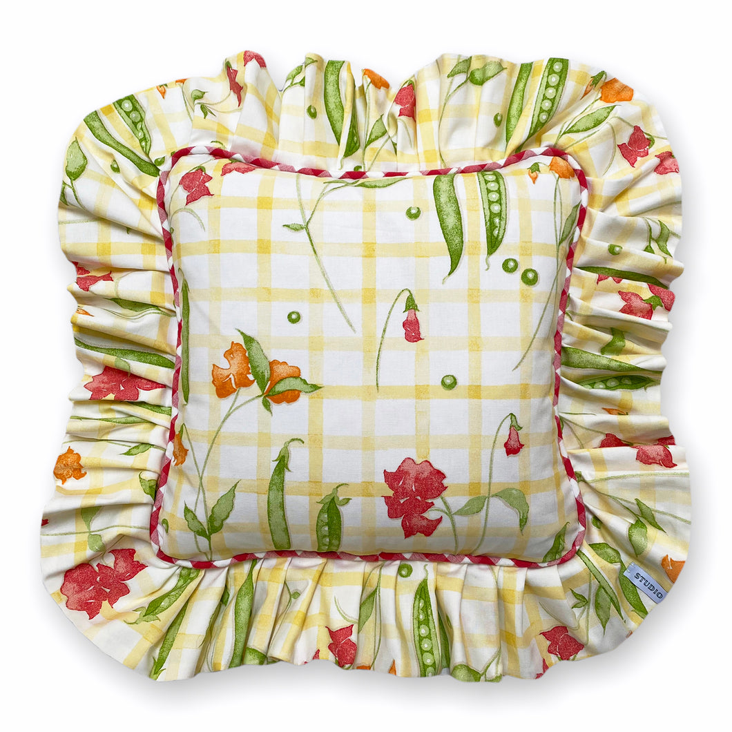 PAMELA FRILL SQUARE CUSHION, YELLOW CHECK & GINGHAM