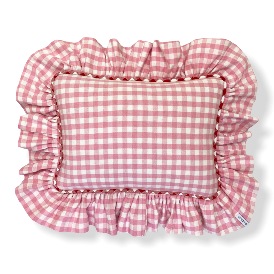 PEGGY GINGHAM RECTANGLE CUSHION, PINK & RED