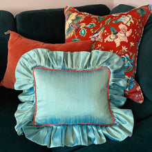 Load image into Gallery viewer, CYNTHIA RECTANGLE SILK CUSHION, BLUE &amp; ORANGE
